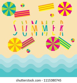 Top view of the beach background with umbrellas, balls, beach blanket and sea. Aerial view of the summer beach in flat style.