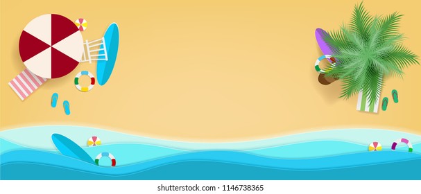 top view beach background with umbrellas, balls, swim ring, surfboard, sandals, juice, starfish, coconut tree and sea.