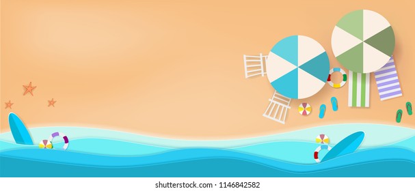 top view beach background with umbrellas, balls, swim ring, surfboard, sandals, starfish and sea. aerial view of summer beach in paper craft style.paper cut and craft style. vector.
