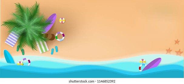 top view beach background with umbrellas, balls, swim ring, surfboard, sandals, juice, starfish, coconut tree and sea.