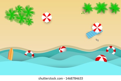 top view of beach background with beach umbrellas, balls, swim ring,surfboard, sandals and sea. aerial view of summer beach scenery in paper craft style.paper cut and craft style. vector illustration
