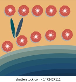 top view beach background with umbrellas, surfing boards and sea. aerial view of summer beach in paper craft style.paper cut and craft style. vector.