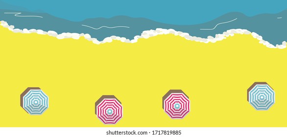 Top view beach background with umbrellas and sea. aerial view of summer beach in paper craft style. paper cut and craft style. vector eps10.