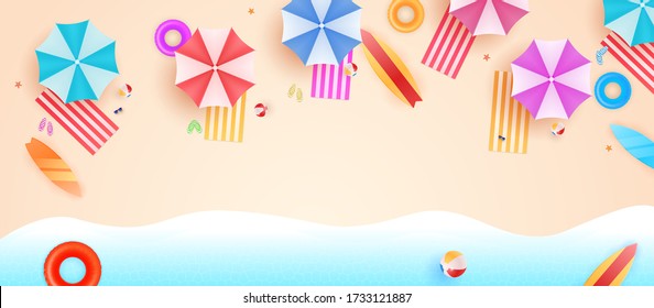 Top view beach background with umbrellas, balls, swim ring, sunglasses, surfboard, sandals, starfish and sea. aerial view of summer beach vector.