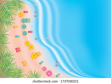 Top view beach background with umbrellas, balls, surfboard. Vector illustration.