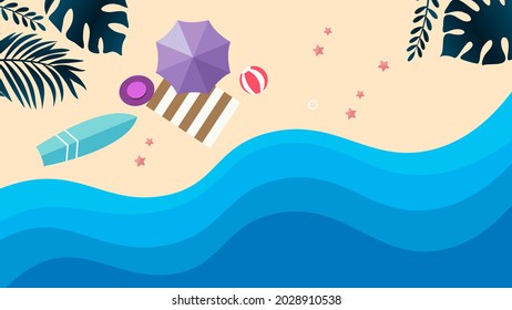Top view beach background with umbrellas, balls, Summer time fun concept design. Creative background of landscape