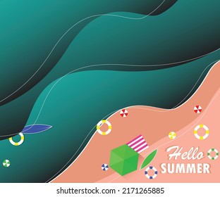 Top view beach background with umbrellas, balls, swim ring, surfboard. aerial view of summer beach in paper craft style. paper cut and craft style. vector.