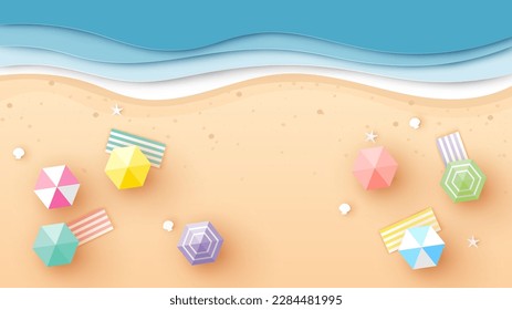 Der Strandhintergrund mit Blick auf den Strand mit Sonnenschirmen, Stranddecke und Meer. Luftbild des Sommers Strand in Papierkunst Stil.Papierschnitt und Handwerk Stil. Vektor.