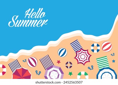 Top view beach background with umbrellas, balls, swim ring, surfboard, sandals, juice, starfish and bright towels