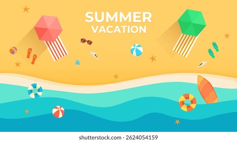 Top view beach background with umbrellas, beach balls, sunglasses, surfboard, sandals, starfish, shells, and sea. 