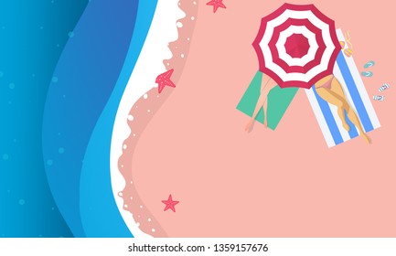 top view beach background with umbrellas,balls and sea. - Vector