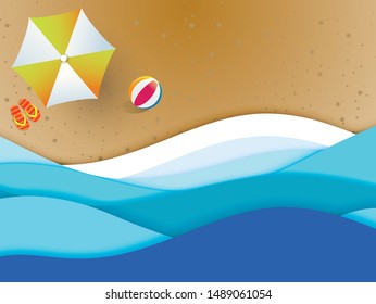 top view beach background with umbrellas,balls and sea. aerial view of summer beach in paper craft style.paper cut and craft style. vector. For banner, poster.