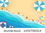 Top view beach background with umbrellas,balls,swim ring,sunglasses,surfboard, hat,sandals,juice,starfish and sea. aerial view of summer beach in paper craft style.paper cut and craft style. vector.
