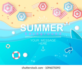 top view beach background with umbrellas,balls,swim ring,sunglasses,surfboard,hat,sandals,juice,starfish and sea. aerial view of summer beach in paper craft style.paper cut and craft style. vector.