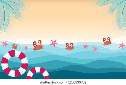 top view beach background with umbrellas,balls,swim ring,sunglasses,surfboard, hat,sandals,juice,starfish and sea. aerial view of summer beach in paper craft style.paper cut and craft style. vector.