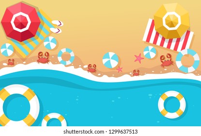 top view beach background with umbrellas,balls,swim ring,sunglasses,surfboard, hat,sandals,juice,starfish and sea. aerial view of summer beach in paper craft style.paper cut and craft style. vector. 