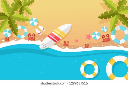 top view beach background with umbrellas,balls,swim ring,sunglasses,surfboard, hat,sandals,juice,starfish and sea. aerial view of summer beach in paper craft style.paper cut and craft style. vector. 