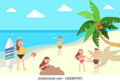 Top view beach background with umbrellas,balls,swim ring,sunglasses,surfboard, hat,sandals,juice,starfish and sea. aerial view of summer beach in paper craft style.paper cut and craft style. vector.
