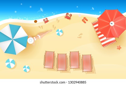 Top view beach background with umbrellas,balls,swim ring,sunglasses,surfboard, hat,sandals,juice,starfish and sea. aerial view of summer beach in paper craft style.paper cut and craft style. vector.
