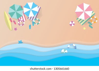 top view beach background with umbrellas,balls,swim ring,surfboard,sandals,starfish and sea