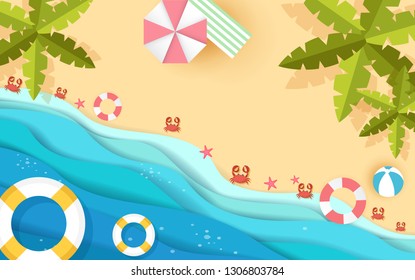 Top view beach background with umbrellas,balls,swim ring,sunglasses,surfboard, hat,sandals,juice,starfish and sea. aerial view of summer beach in paper craft style.paper cut and craft style. vector.
