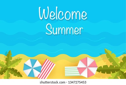 Top view beach background with umbrellas,balls,swim ring,sunglasses,surfboard, hat,sandals,juice,starfish and sea. aerial view of summer beach in paper craft style.paper cut and craft style. vector.

