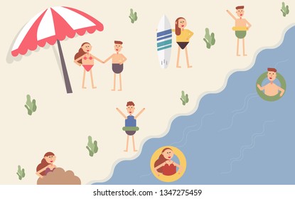 Top view beach background with umbrellas,balls,swim ring,sunglasses,surfboard, hat,sandals,juice,starfish and sea. aerial view of summer beach in paper craft style.paper cut and craft style. vector.
