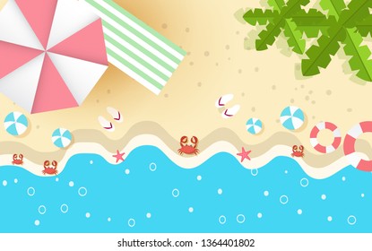 Top view beach background with umbrellas,balls,swim ring,sunglasses,surfboard, hat,sandals,juice,starfish and sea. aerial view of summer beach in paper craft style.paper cut and craft style. vector.
