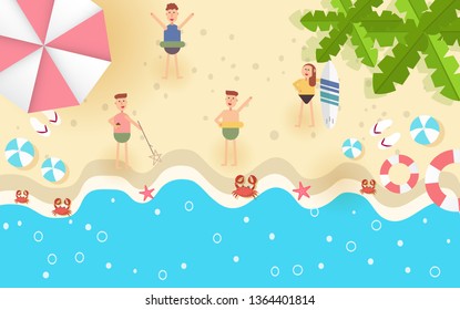 Top view beach background with umbrellas,balls,swim ring,sunglasses,surfboard, hat,sandals,juice,starfish and sea. aerial view of summer beach in paper craft style.paper cut and craft style. vector.
