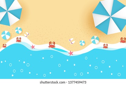 Top view beach background with umbrellas,balls,swim ring,sunglasses,surfboard, hat,sandals,juice,starfish and sea. aerial view of summer beach in paper craft style.paper cut and craft style. vector.
