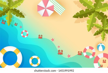 Top view beach background with umbrellas,balls,swim ring,sunglasses,surfboard, hat,sandals,juice,starfish and sea. aerial view of summer beach in paper craft style.paper cut and craft style. vector.
