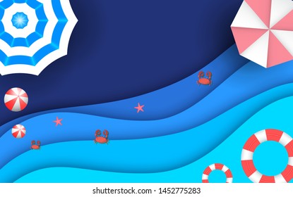 Top view beach background with umbrellas,balls,swim ring,sunglasses,surfboard, hat,sandals,juice,starfish and sea. aerial view of summer beach in paper craft style.paper cut and craft style. vector.
