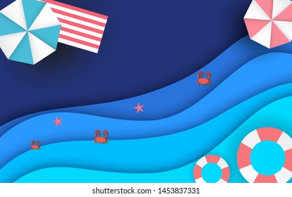 Top view beach background with umbrellas,balls,swim ring,sunglasses,surfboard, hat,sandals,juice,starfish and sea. aerial view of summer beach in paper craft style.paper cut and craft style. vector.

