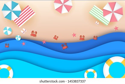 Top view beach background with umbrellas,balls,swim ring,sunglasses,surfboard, hat,sandals,juice,starfish and sea. aerial view of summer beach in paper craft style.paper cut and craft style. vector.
