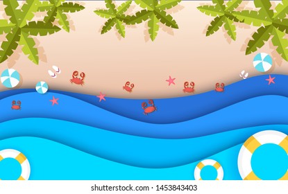 Top view beach background with umbrellas,balls,swim ring,sunglasses,surfboard, hat,sandals,juice,starfish and sea. aerial view of summer beach in paper craft style.paper cut and craft style. vector.
