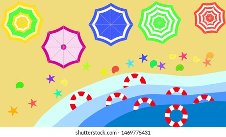 Top view beach background with umbrellas,balls,swim ring,sunglasses,surfboard, hat,sandals,juice