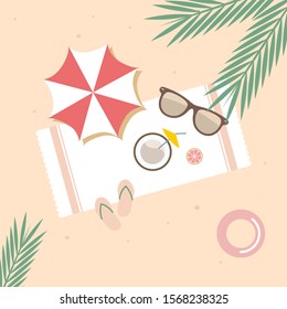 top view beach background with umbrellas,balls,swim ring,sunglasses,surfboard, hat,sandals,juice,starfish and sea. aerial view of summer beach