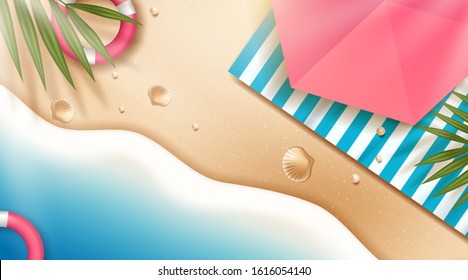top view beach background with umbrellas,balls,swim ring. Vector illustration