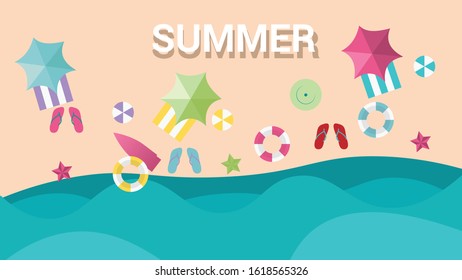 top view of beach background with umbrellas,balls,swim ring,surfboard, hat,sandals,starfish and sea. Summeer vector