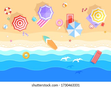Top view beach background with umbrellas,balls,swim ring,sunglasses,surfboard, hat,sandals,juice,starfish and sea. aerial view of summer beach in paper craft style.paper cut and craft style. vector
