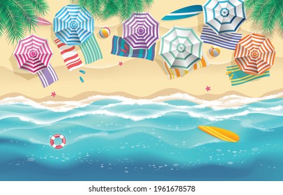 Top view beach background with umbrellas,balls,swim ring,sunglasses,surfboard, hat,sandals,juice,starfish and sea. aerial view of summer beach in paper craft style.paper cut and craft style. vector.