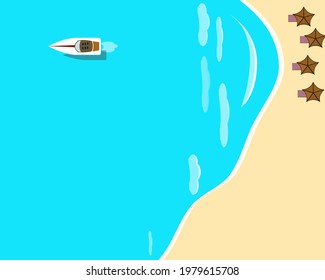 Top view beach background with umbrellas,balls,swim ring,sunglasses,surfboard, hat,sandals,juice,starfish and sea. aerial view of summer beach in paper craft style.paper cut and craft style. vector.