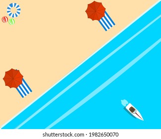 Top view beach background with umbrellas,balls,swim ring,sunglasses,surfboard, hat,sandals,juice,starfish and sea. aerial view of summer beach in paper craft style.paper cut and craft style. vector.