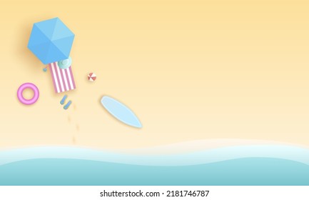 Top view beach background with umbrellas,balls,swim ring,sunglasses,surfboard,hat,sandals,juice,starfish and sea. aerial view of summer beach in paper craft style.paper cut and craft style. vector.	