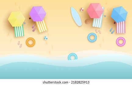 Top view beach background with umbrellas,balls,swim ring,sunglasses,surfboard,hat,sandals,juice,starfish and sea. aerial view of summer beach in paper craft style.paper cut and craft style. vector.	
