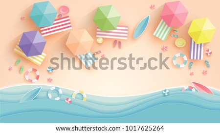 Top view beach background with umbrellas,balls,swim ring,sunglasses,surfboard,
hat,sandals,juice,starfish and sea. aerial view of summer beach in paper craft style.paper cut and craft style. vector.