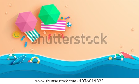 Top view beach background with umbrellas,balls,swim ring,sunglasses,surfboard,
hat,sandals,juice,starfish and sea.