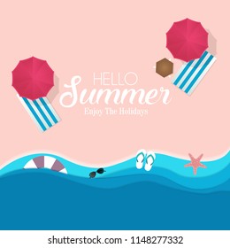 Top view beach background with umbrellas,sunglasses,sandals