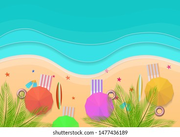 Top view beach background with umbrellas,swim ring,surfboard, starfish and sea.