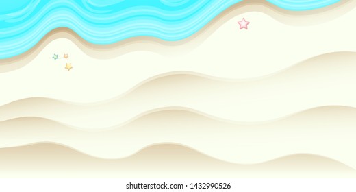 Top view beach background with white sand and turquoise ocean waves. Vector summer beach party flyer or poster design template with tropical coast